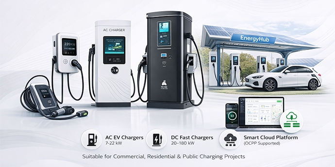 EV AC & DC charger product lineup with smart cloud charging platform and solar EnergyHub station