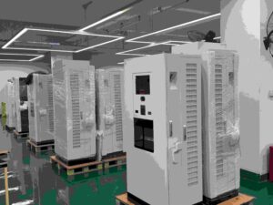 Mass-produced DC fast EV chargers wrapped in plastic in factory warehouse