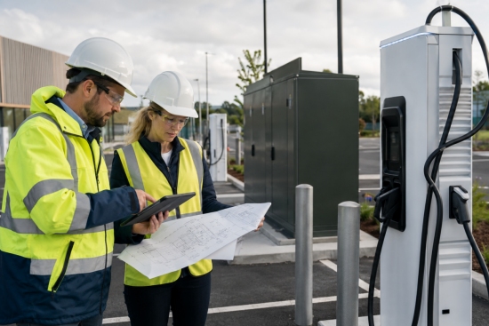 Commercial DC fast charging stations for electric passenger cars and vans, workplace business parking charging scene