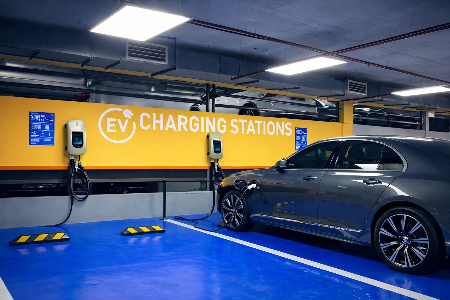 EV charging station in underground parking, electric car charging