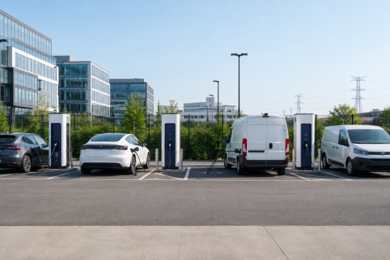 Engineers inspect high-power DC fast EV chargers with construction blueprints, commercial charging station project planning