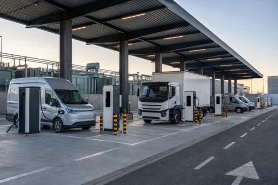 High power commercial DC fast charging hub for electric trucks and delivery vans, industrial fleet charging station under canopy