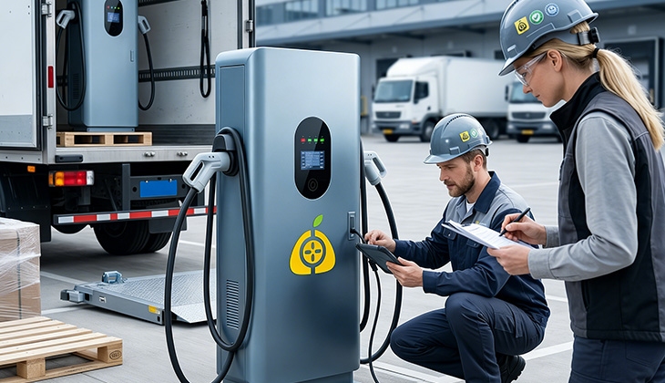 Two technicians inspect commercial DC fast EV charger outdoors