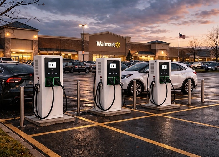 A DC fast charging station installed at a Walmart retail location supports high-traffic commercial use