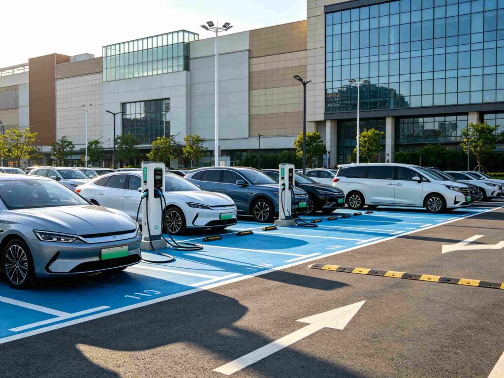 DC fast EV chargers at shopping mall outdoor commercial parking lot