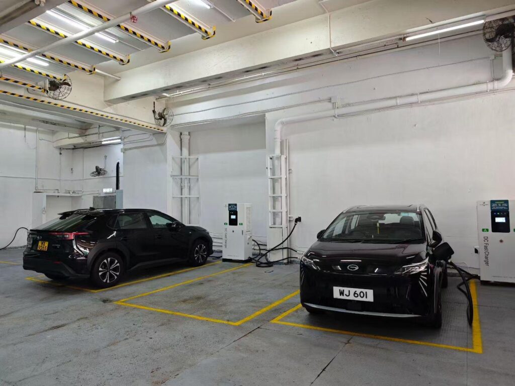 DC fast EV charging station in indoor commercial service garage