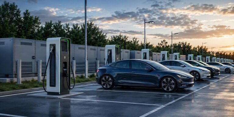 Commercial EV charging site with multiple column‑mounted chargers and electric vehicles for dynamic load balancing