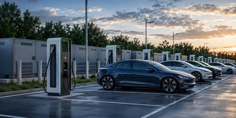 Commercial EV charging site with multiple column‑mounted chargers and electric vehicles for dynamic load balancing