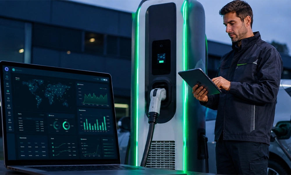Service technician uses tablet and cloud dashboard for remote EV charger monitoring and load‑balancing system configuration