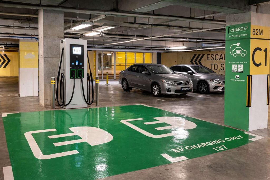 Floor‑standing DC fast EV charger in underground commercial parking garage