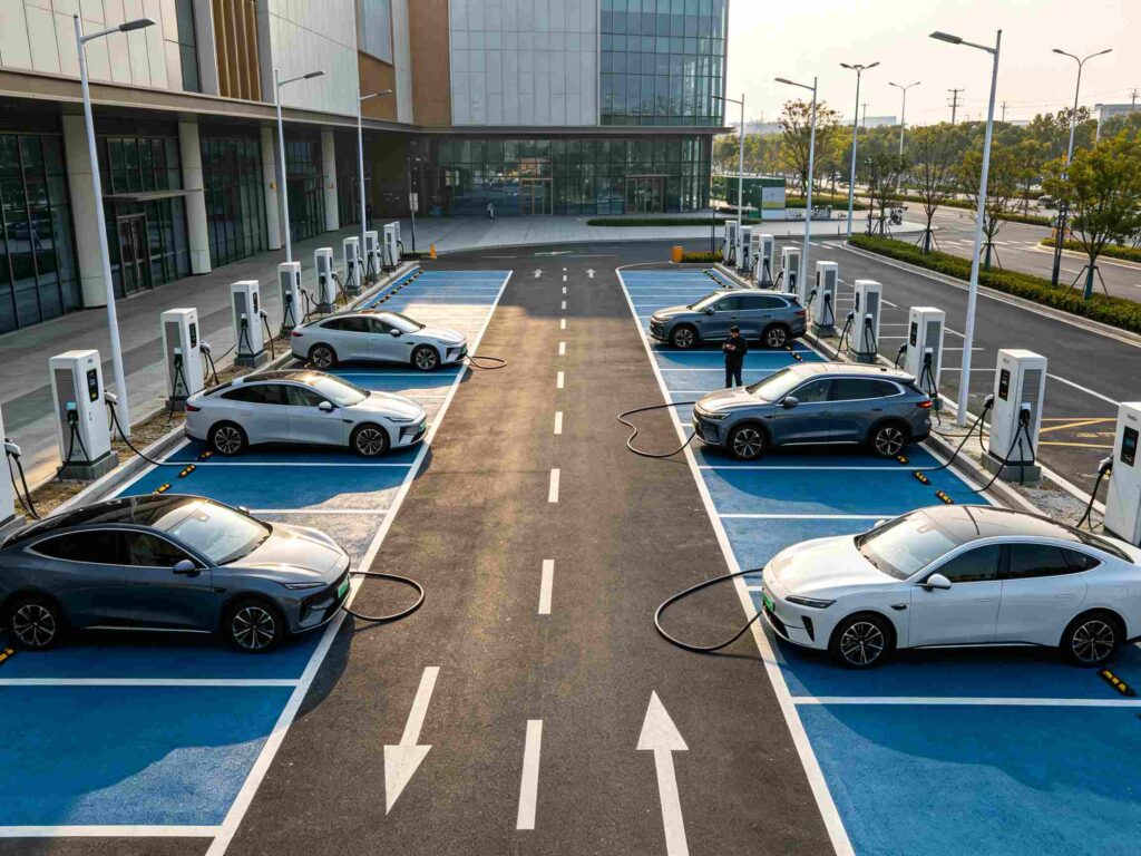Multiple DC fast EV chargers in large commercial open‑air charging station