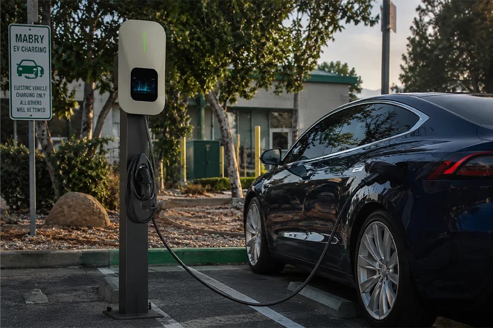 Outdoor pedestal EV charger charging dark sedan