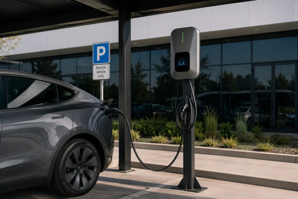 Pedestal‑mounted AC EV charger at office building outdoor parking area