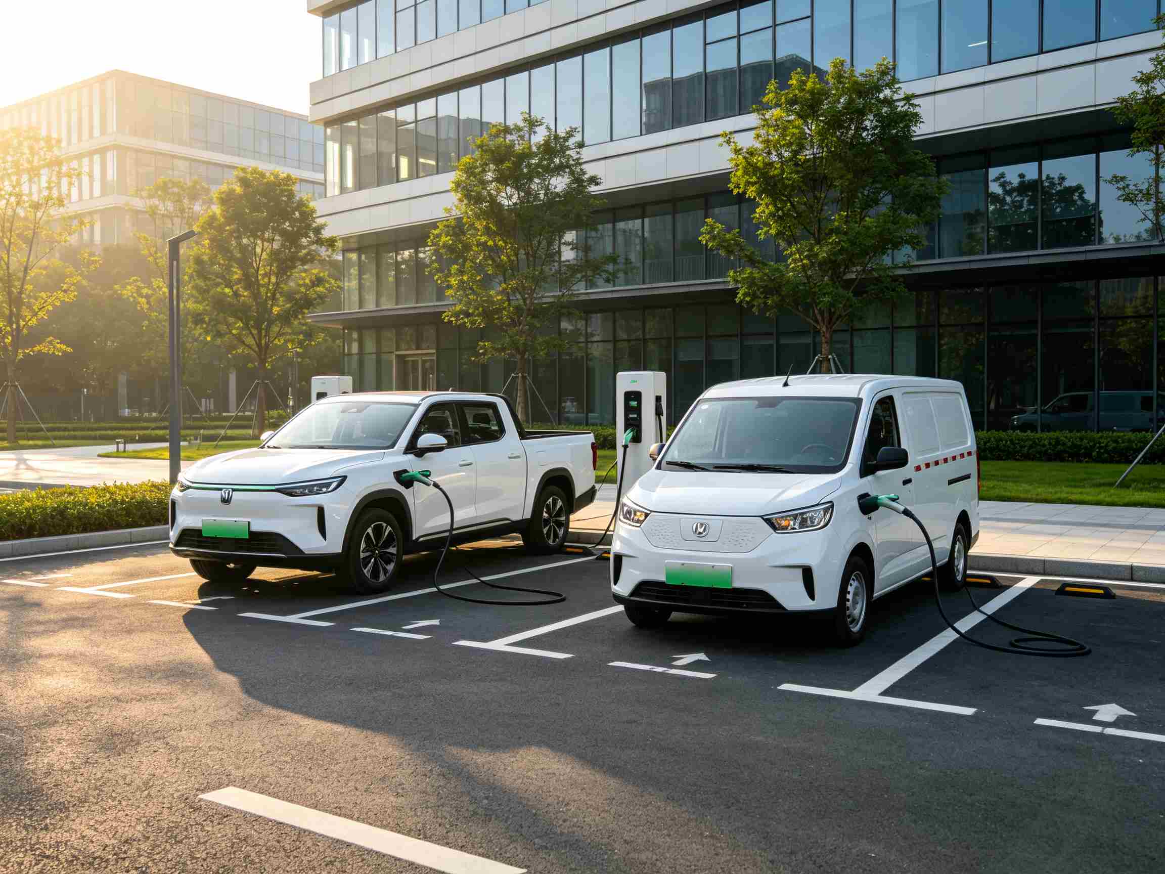Commercial electric pickup and van charging at office park