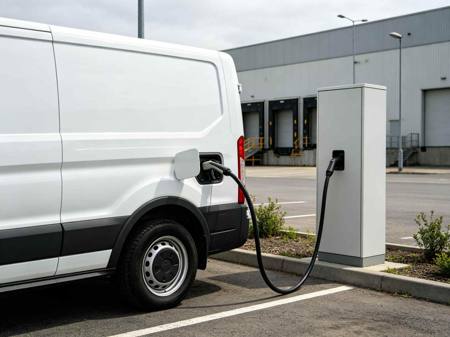 Electric cargo van charging at warehouse facility