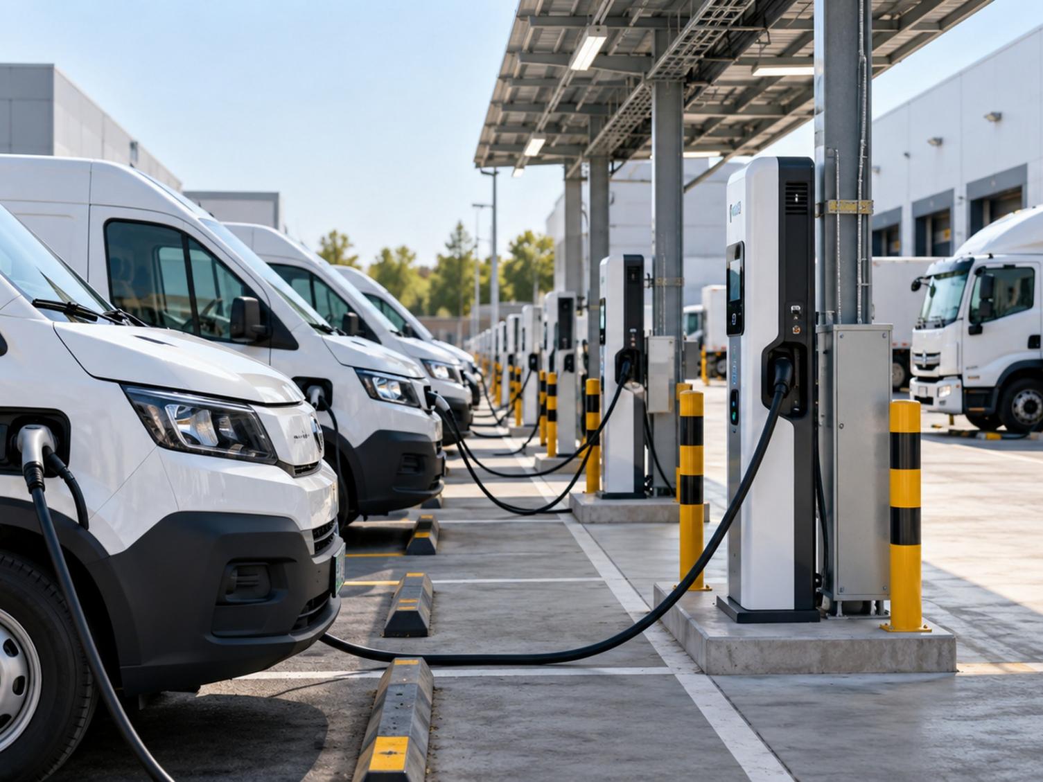 Commercial EV fleet charging station with electric delivery vans and scalable depot charging infrastructure.